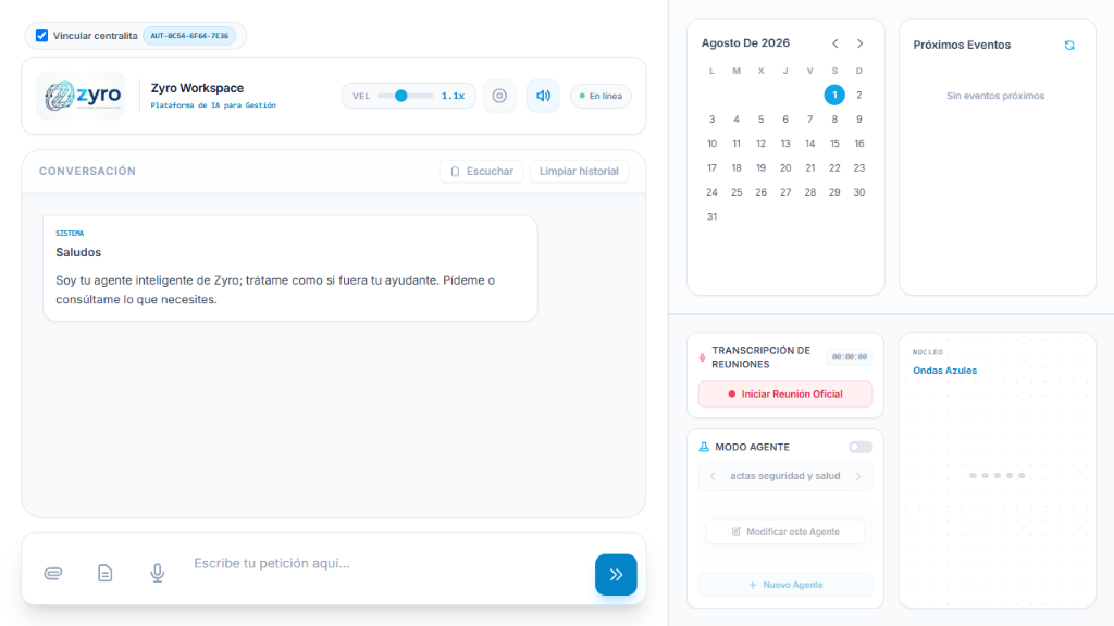 Interfaz de Agente Zyro Workspace